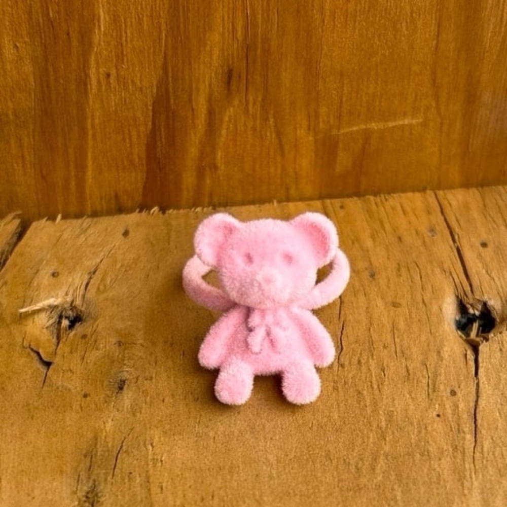 Pink Flocked Teddy Bear Adjustable Ring